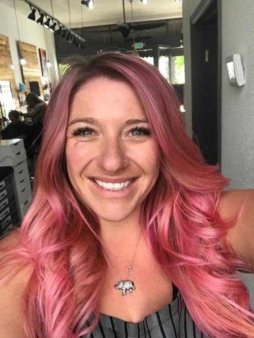 Hair Extensions photo, Denver Colorado. fun, sassy, soft pink.